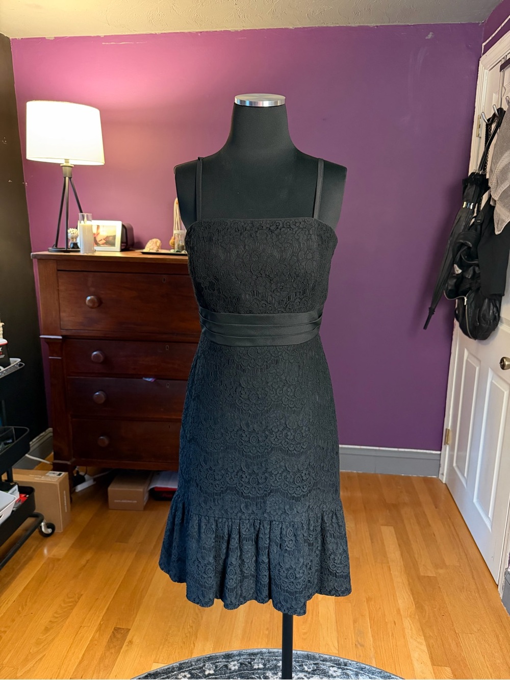 White House Black Market Black Lace Ruffle-Hem Mini Dress